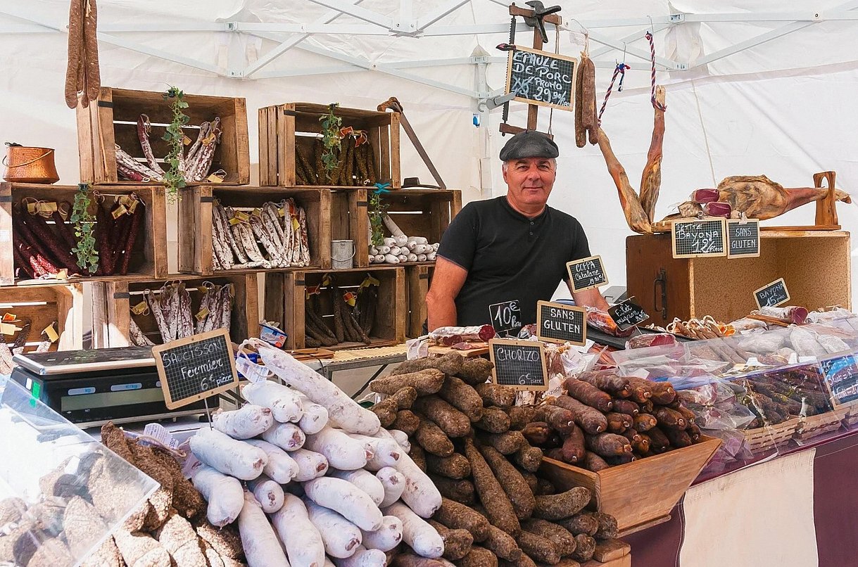 marché, stand, saucisse, forain, commerçant, charcuterie